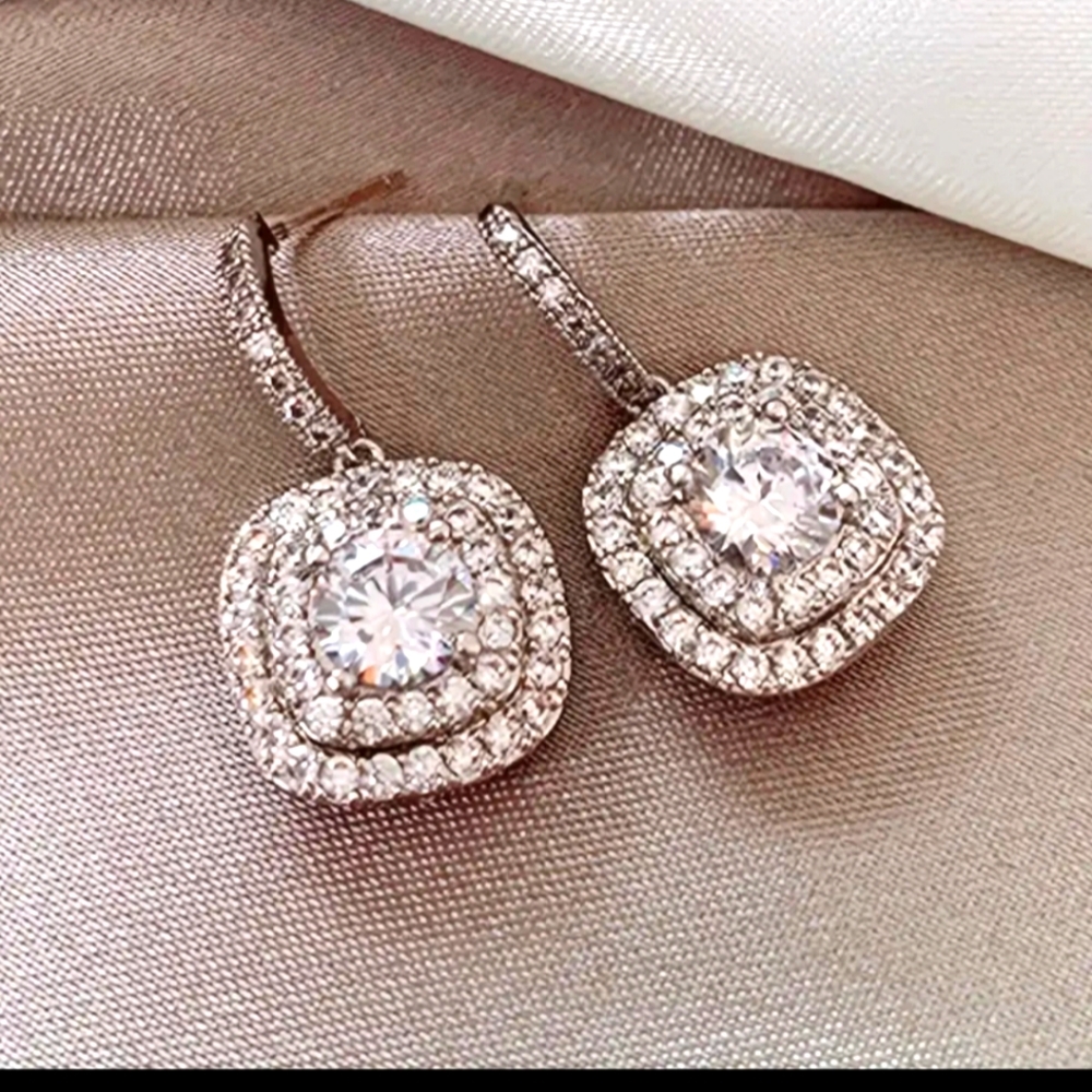 925 Sterling Silver Square Drop Earrings - Picture 2 of 4
